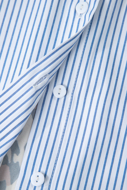 Sky Blue Stripe Colorblock Leopard Patchwork Chest Pocket Cuffed Sleeve Shirt