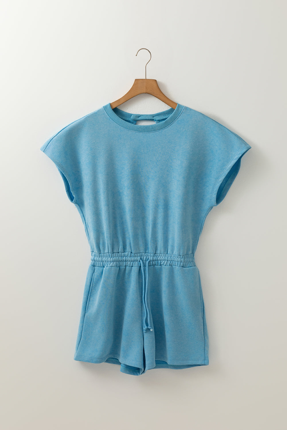 Mist Blue Mineral Wash Drawstring Elastic Waistband Hollow Out Back Short Sleeve Romper