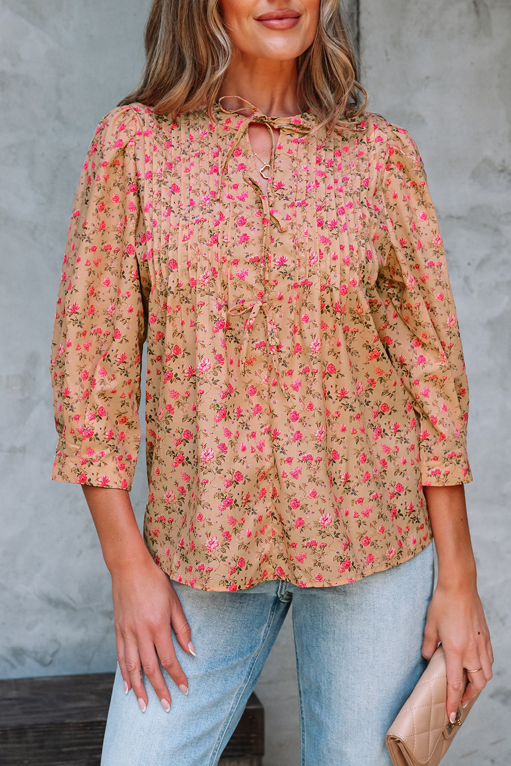 Light French Beige Floral Print Bow Pintuck Bust Half Puff Sleeve Blouse Top