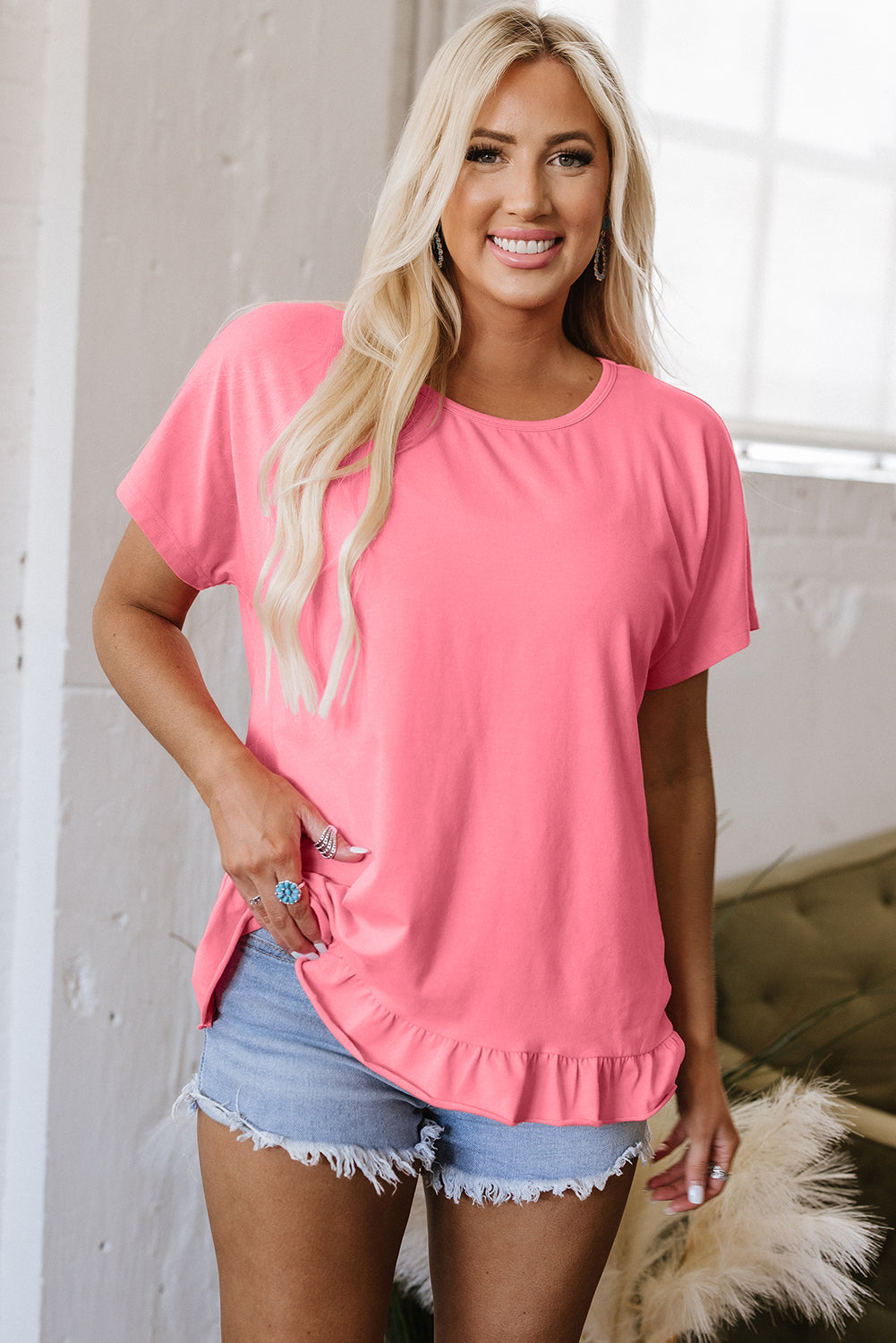 Pink Frilled Hem Loose T-Shirt