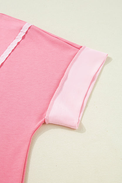 Peach Blossom Two Tones Patchwork Half Sleeve Plus Size T Shirt