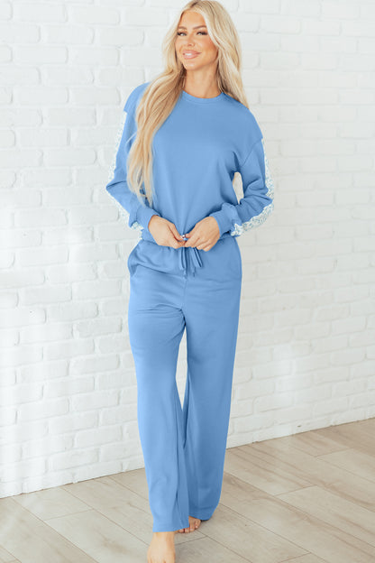 Beau Blue Floral Patchwork Drop Shoulder Pullover and Sweatpants Lounge Set