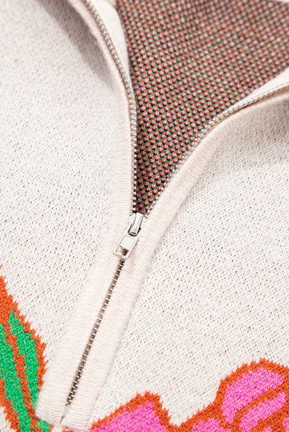 Khaki Floral Pattern Knit Quarter Zip Stand Neck Sweater