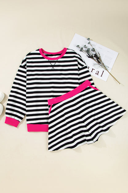 Black Stripe Color Block Edge Pullover and Shorts PLus Size Set