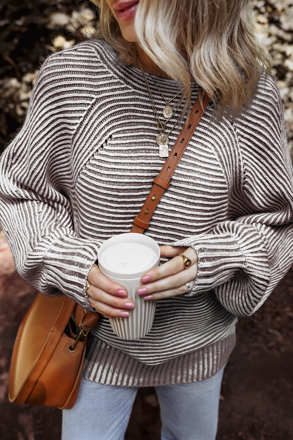 Coffee Striped Print Ribbed Knit Boat Neck Baggy Sweater