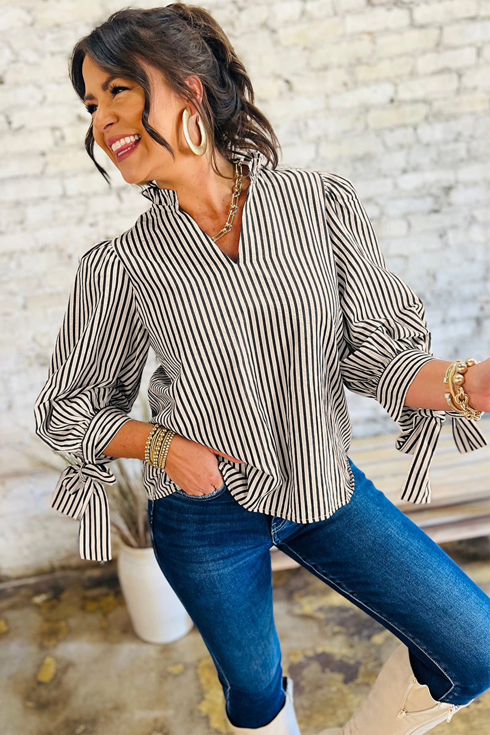 Black Stripe Knotted Cuff Long Sleeve V Neck Blouse
