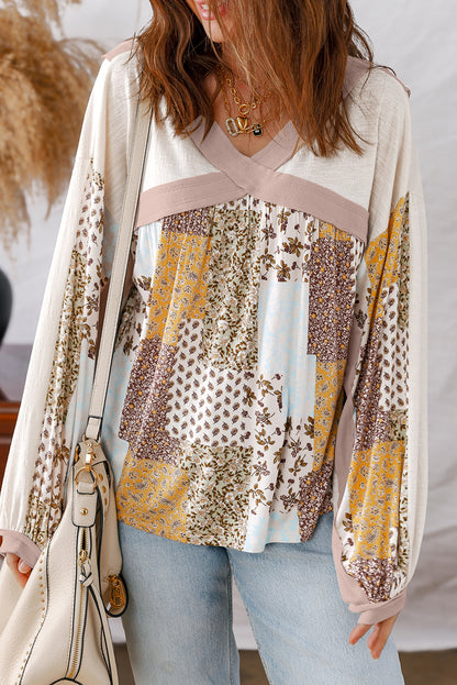 White Floral Printed Contrast Patchwork Long Sleeve Top
