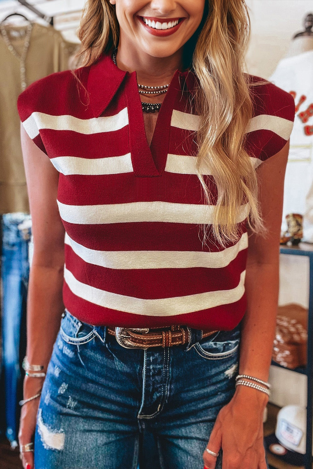 Red Stripe Collared Split Neck Sweater Vest