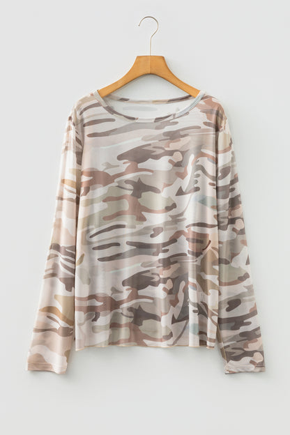Green Plus Size Western Camo Print Mesh Long Sleeve Top