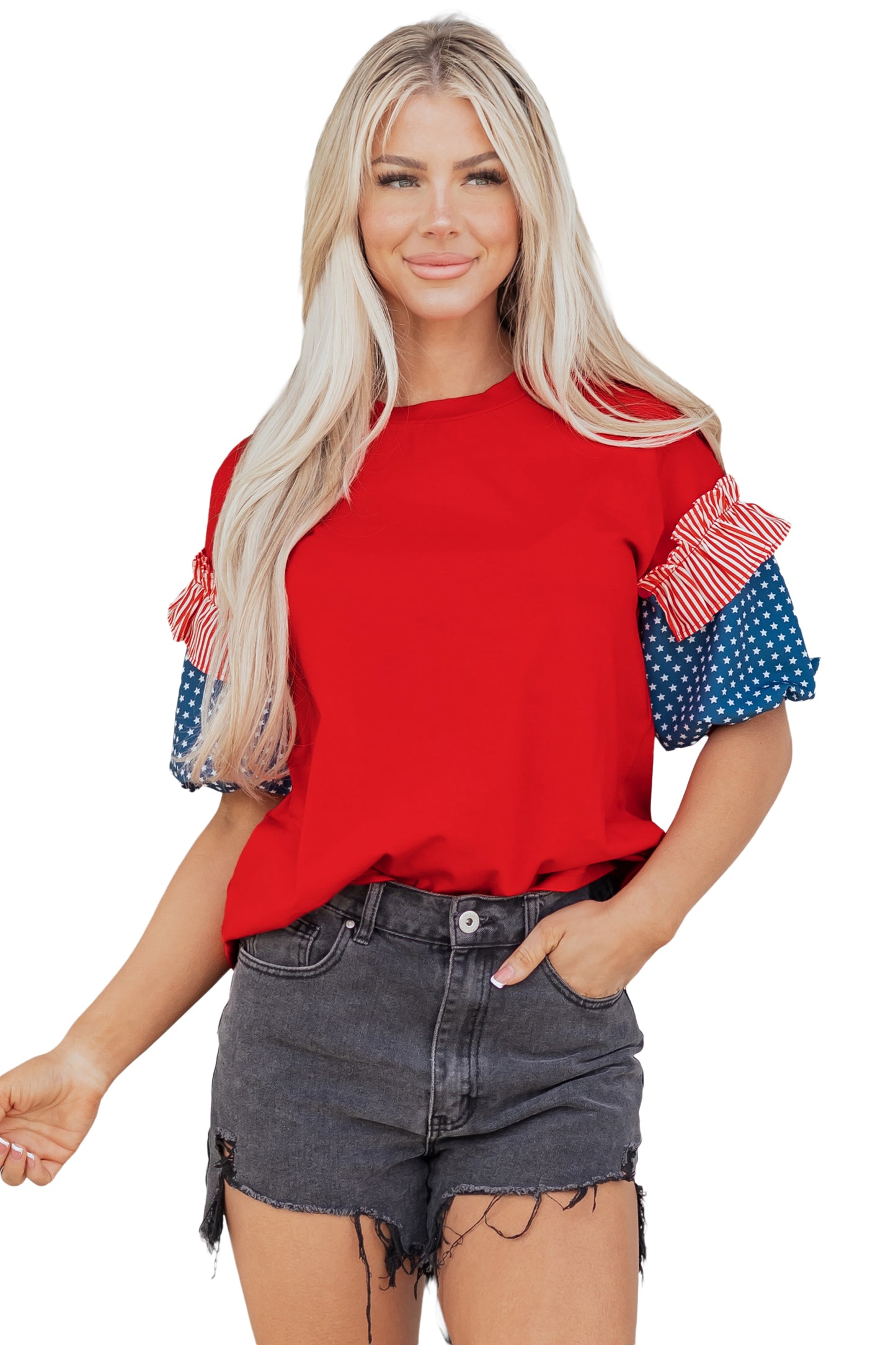 Fiery Red Stars Stripes Short Puff Sleeve Top
