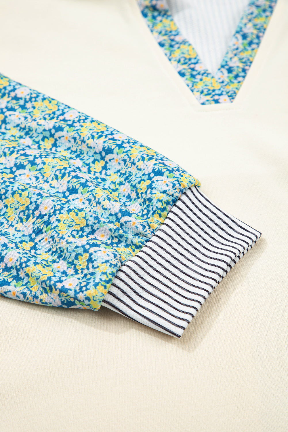 Beige Floral Striped Drop Sleeve Collared Boxy Fit Sweatshirt