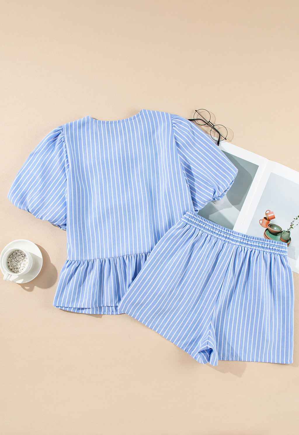 Sky Blue Striped Bowknot Detail Puffy Sleeve Top and Shorts 2Pcs Set