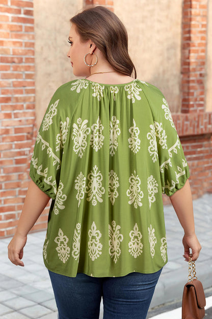 Green Boho Chic Notched V Neck Plus Floral Short Sleeve Top
