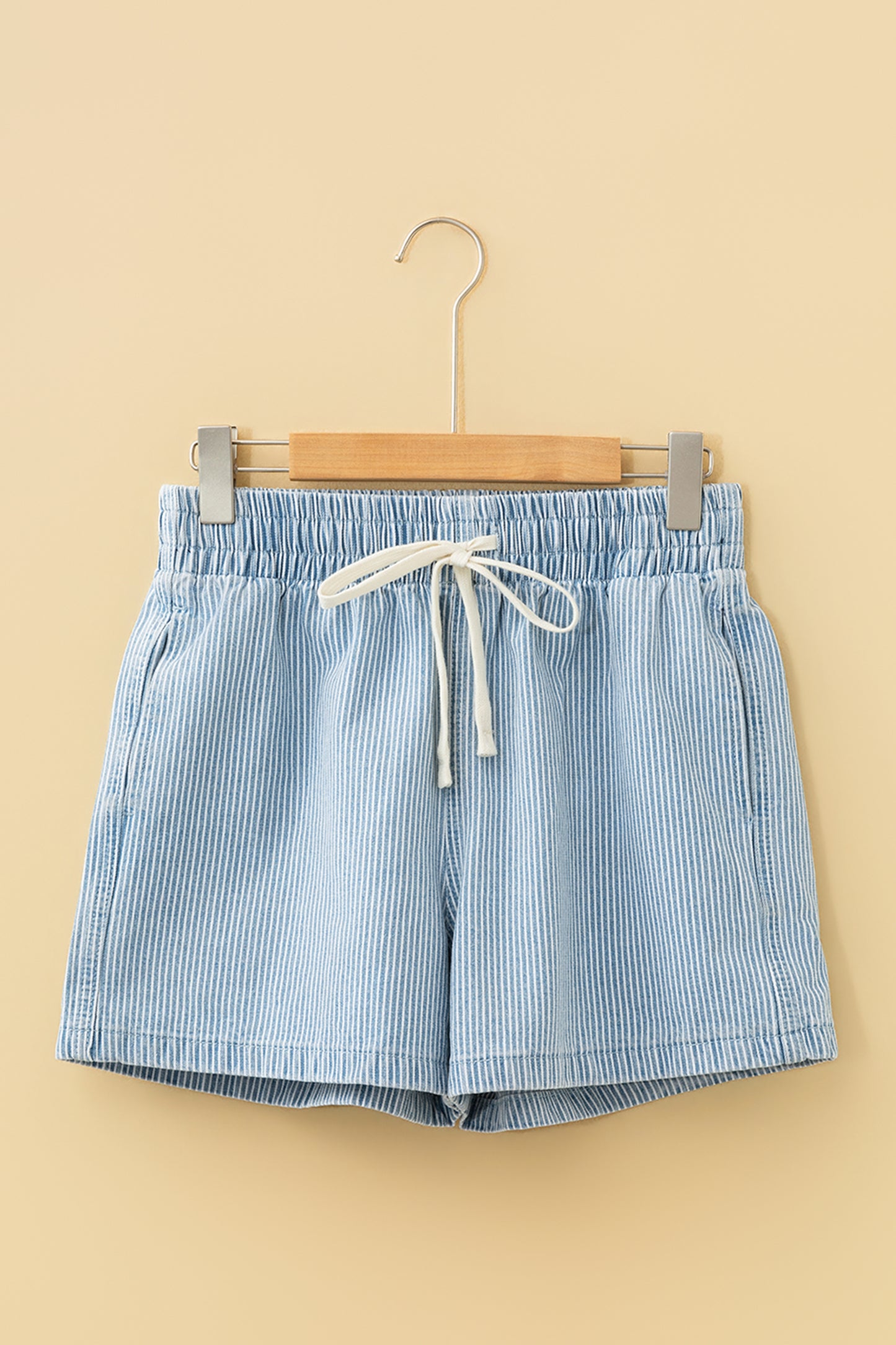 Sky Blue Stripe Drawstring Elastic Waist Casual Denim Shorts
