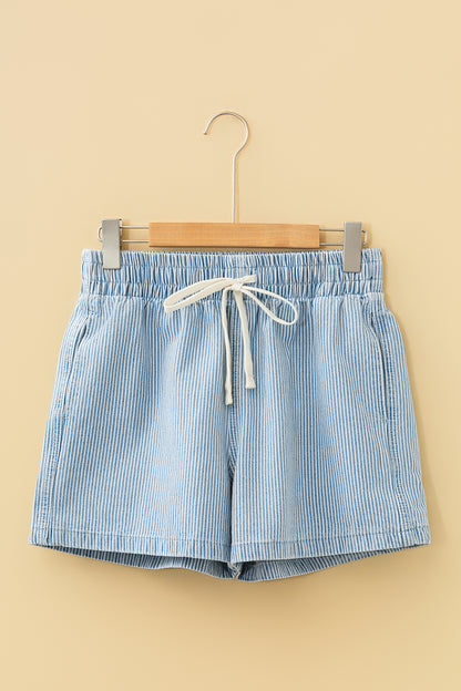 Sky Blue Stripe Drawstring Elastic Waist Casual Denim Shorts