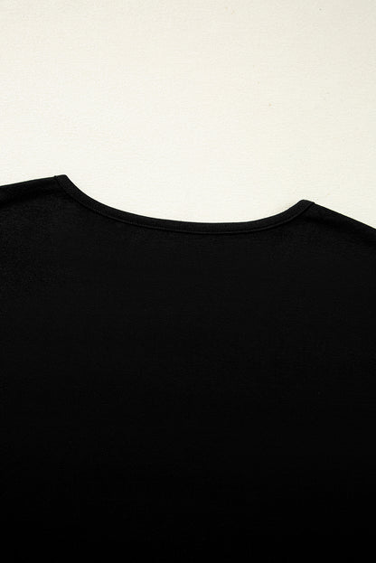 Black Floral Mesh Patchwork Loose V Neck Plus Size T Shirt