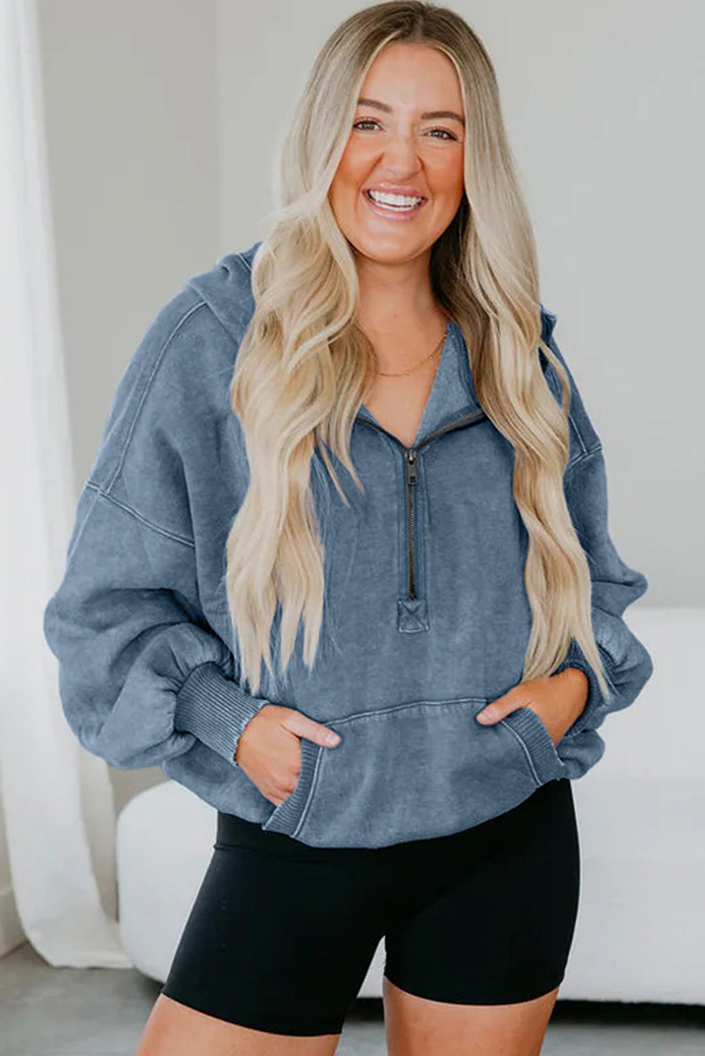 Ashleigh Blue Half Zip Kangaroo Pocket Mineral Wash Baggy Hoodie