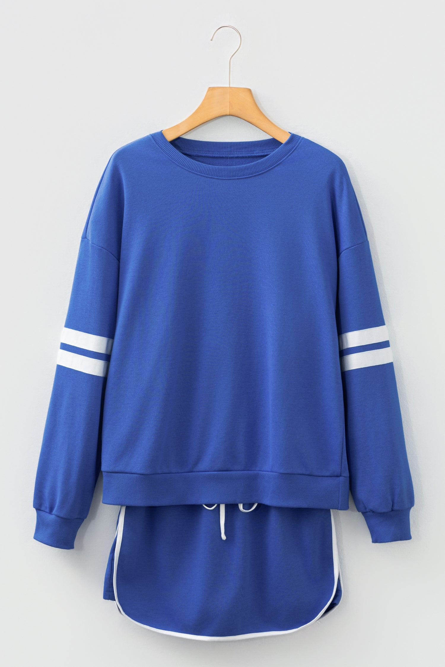 Sky Blue Varsity Stripe Detail Drop Shoulder Pullover Mini Skirt Set