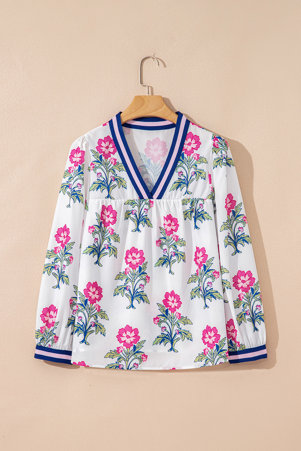 White Floral Print Striped V Neck Blouse