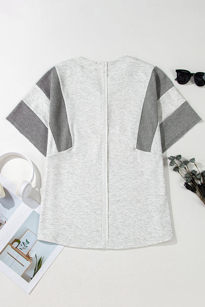 Dearlovers Light Grey Two Tone Contrast Waffle Knit Patched Buttoned V Neck Top