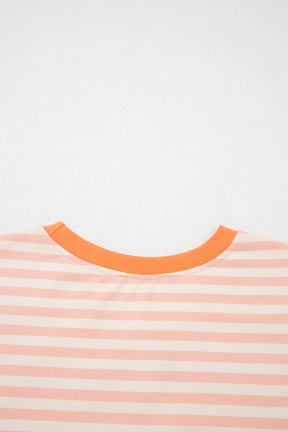 Pink Stripe Contrast Neck Loose Tee and Drawstring Shorts Set