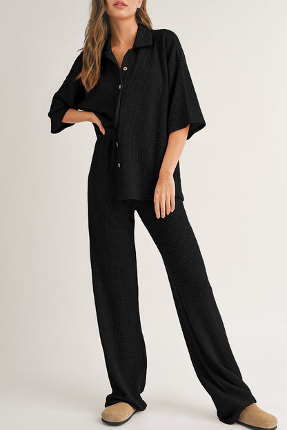 Black Solid Color Textured Buttoned Shirt and Casual Pants Set