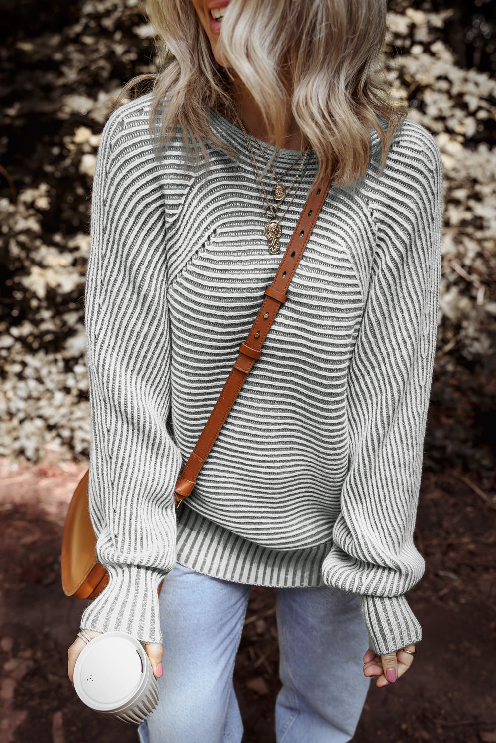 Medium Grey Striped Print Ribbed Knit Boat Neck Baggy Sweater