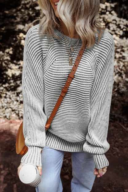 Medium Grey Striped Print Ribbed Knit Boat Neck Baggy Sweater