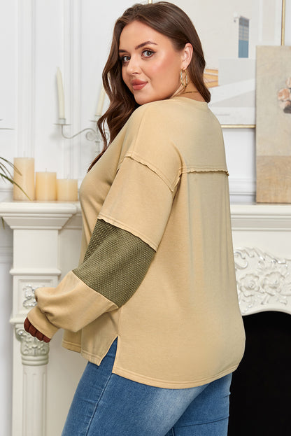Laurel Green Exposed Seam Contrast Texture Patchwork Plus Size Drop Shoulder Pullover