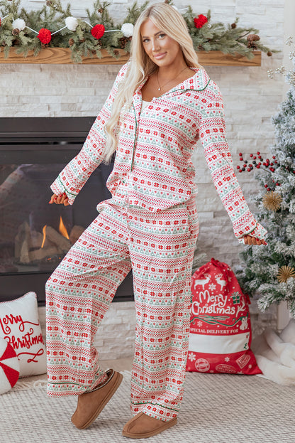 White Christmas Pattern Print Shirt Style Long 2pcs Pajama Set