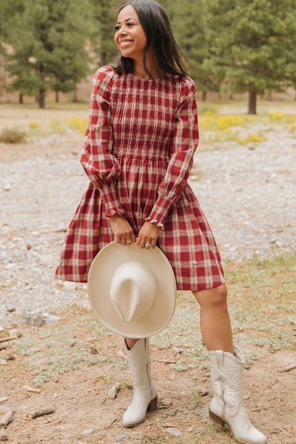Red Plaid Print Smocked Puff Sleeve Mini Dress