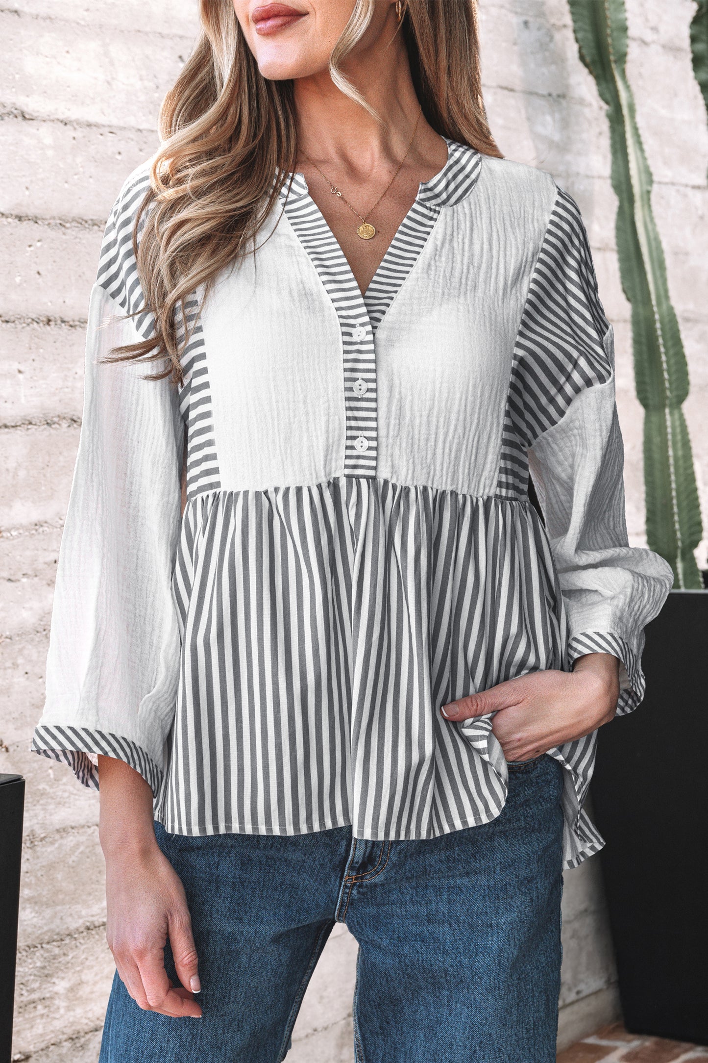 Gray Stripe Half Button Gauze Patchwork Bracelet Sleeve Babydoll Blouse