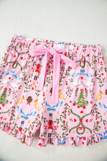 Pink Nutcracker Doll Christmas Print Ribbon Tie Waist Short 2pcs Pajama Set