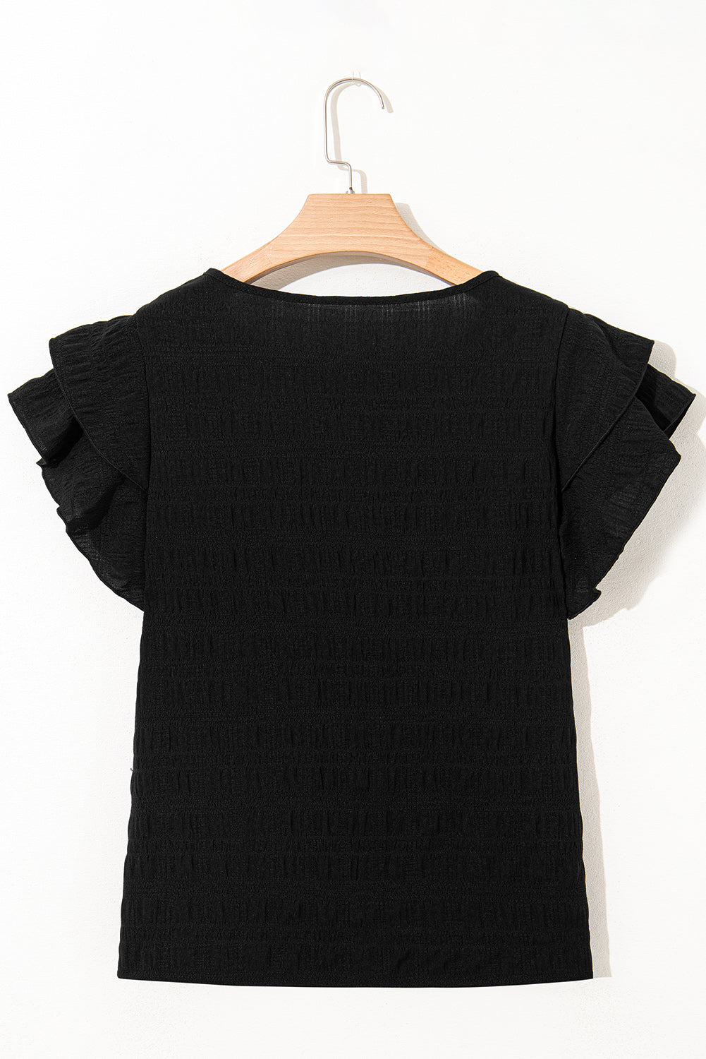 Black Textured Ruffled Sleeve Round Neck Top