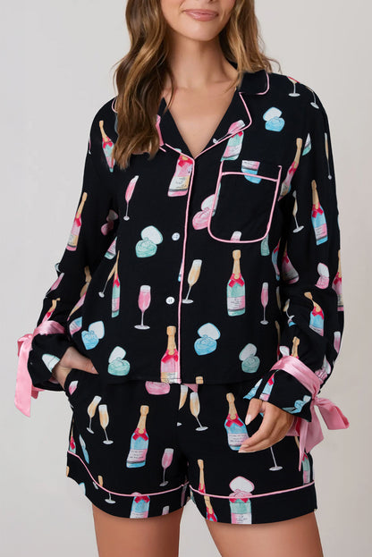 Light Pink Christmas Wine Glass Print Bow Knot Two Piece Pajama Set