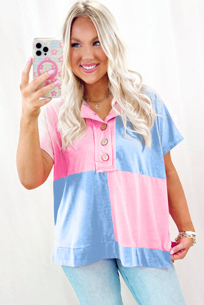 Pink Two Tone Half Buttons Collared T Shirt