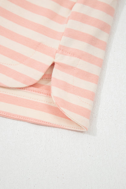 Pink Stripe Contrast Neck Loose Tee and Drawstring Shorts Set