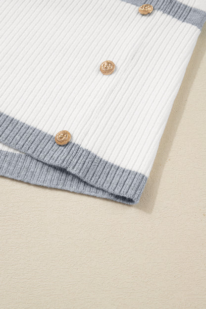 Gray Stripe Ribbed Buttoned Detail Drop Shoulder Tunic Sweater