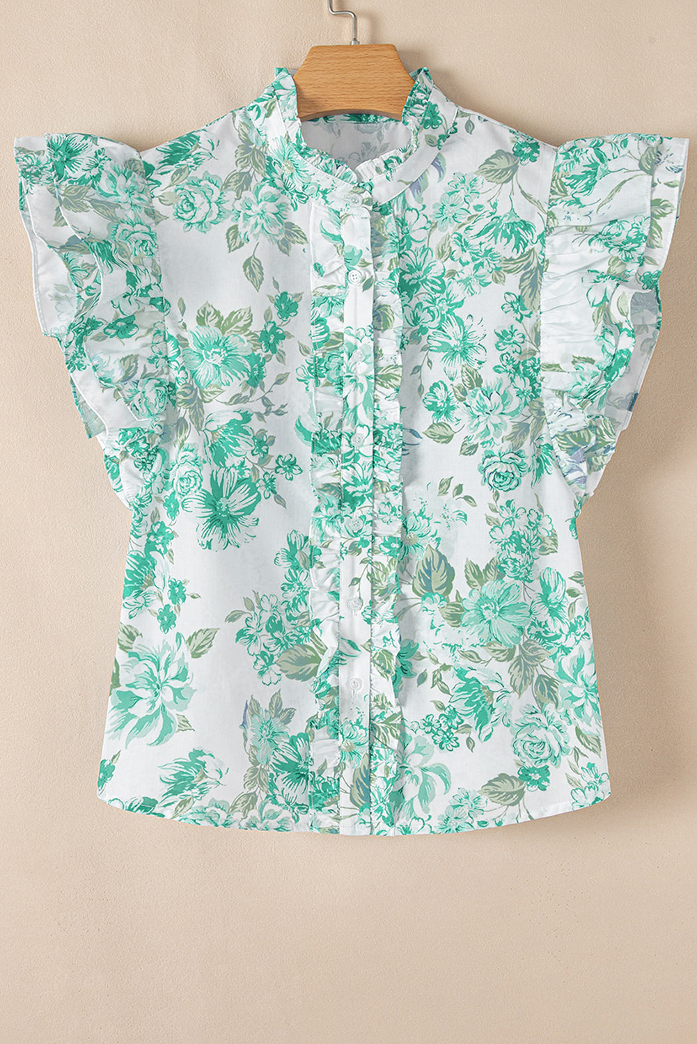 Green Floral Print Ruffle Sleeve Frilly Button Up Shirt