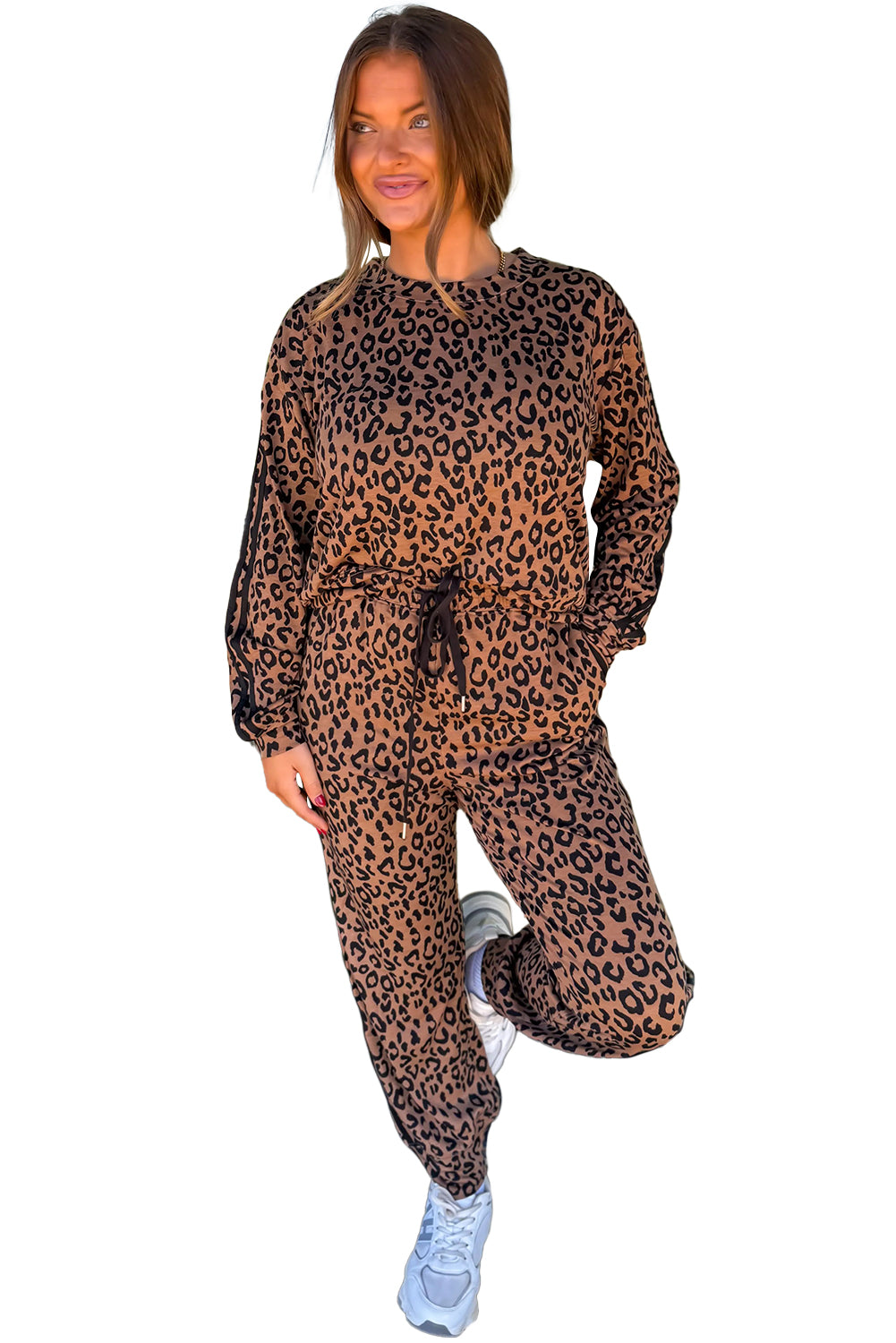 Brown Varsity Striped Trim Leopard Long Sleeve Top Drawstring Pant Set