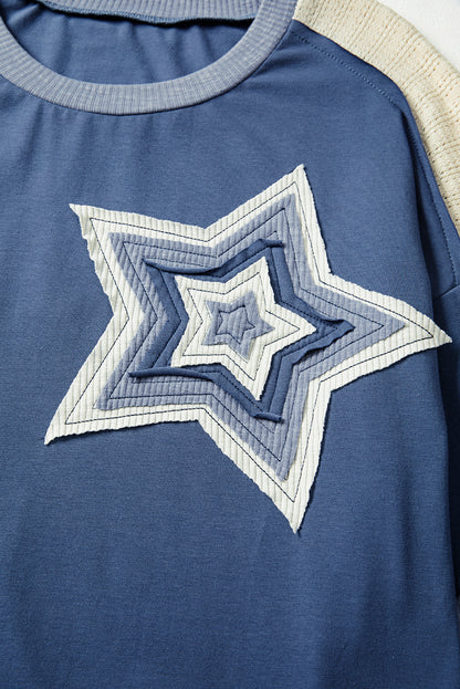 Dark Blue Contrast Knitted Colorblock Star Patchwork Oversize Long Sleeve Top