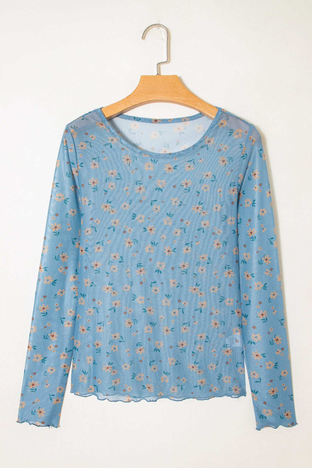 Sky Blue Vintage Floral Print Southern Style Mesh Long Sleeve Top