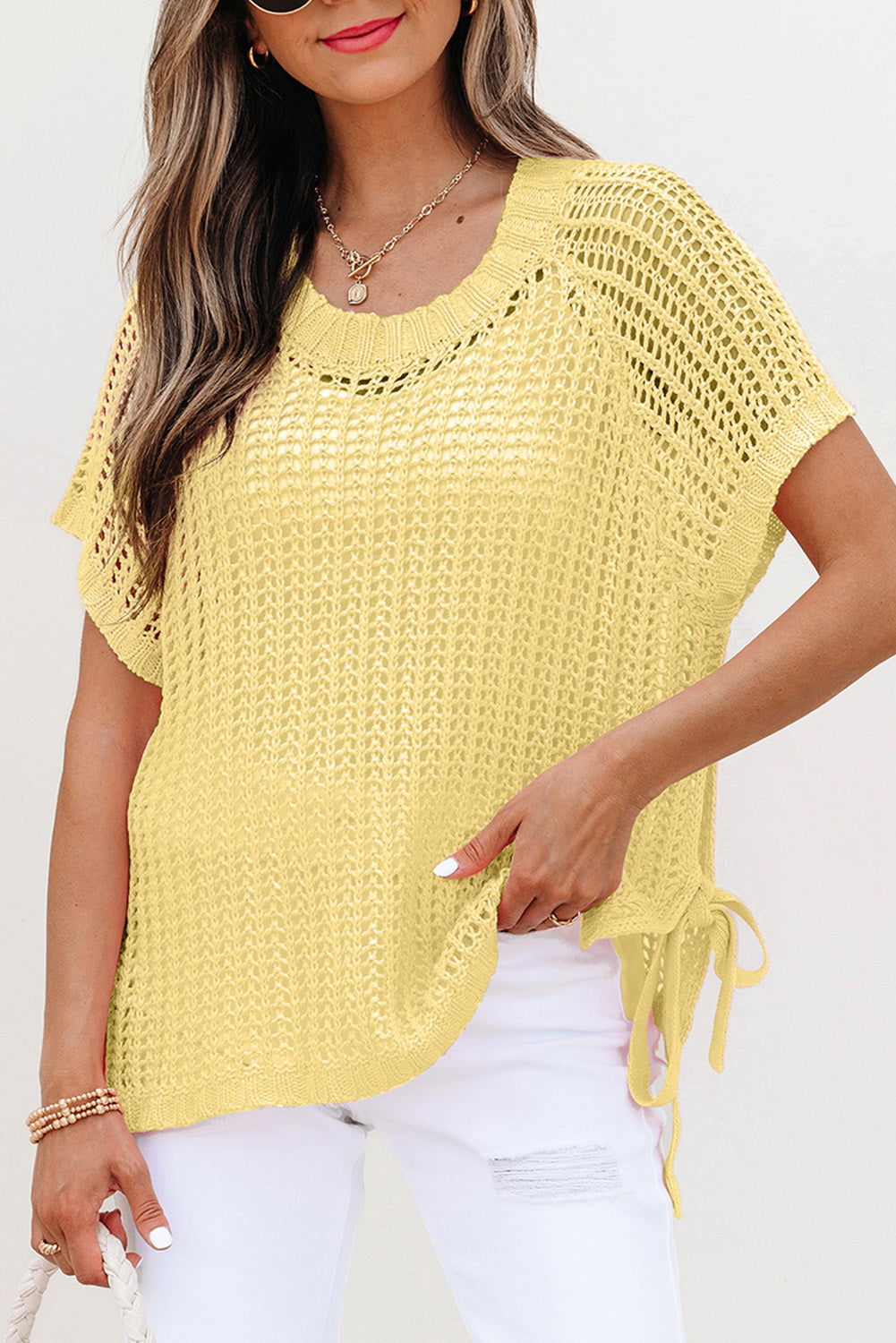 Yellow Cream Hollow-out Crochet Side Tied Short Sleeve Sweater