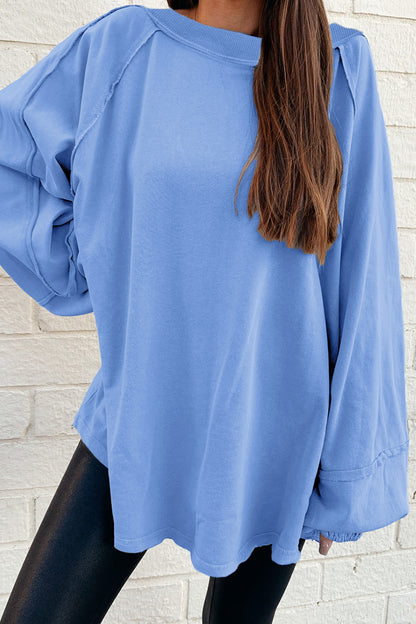 Orchid Petal Solid Color Raw Seam Patchwork Baggy Sweatshirt