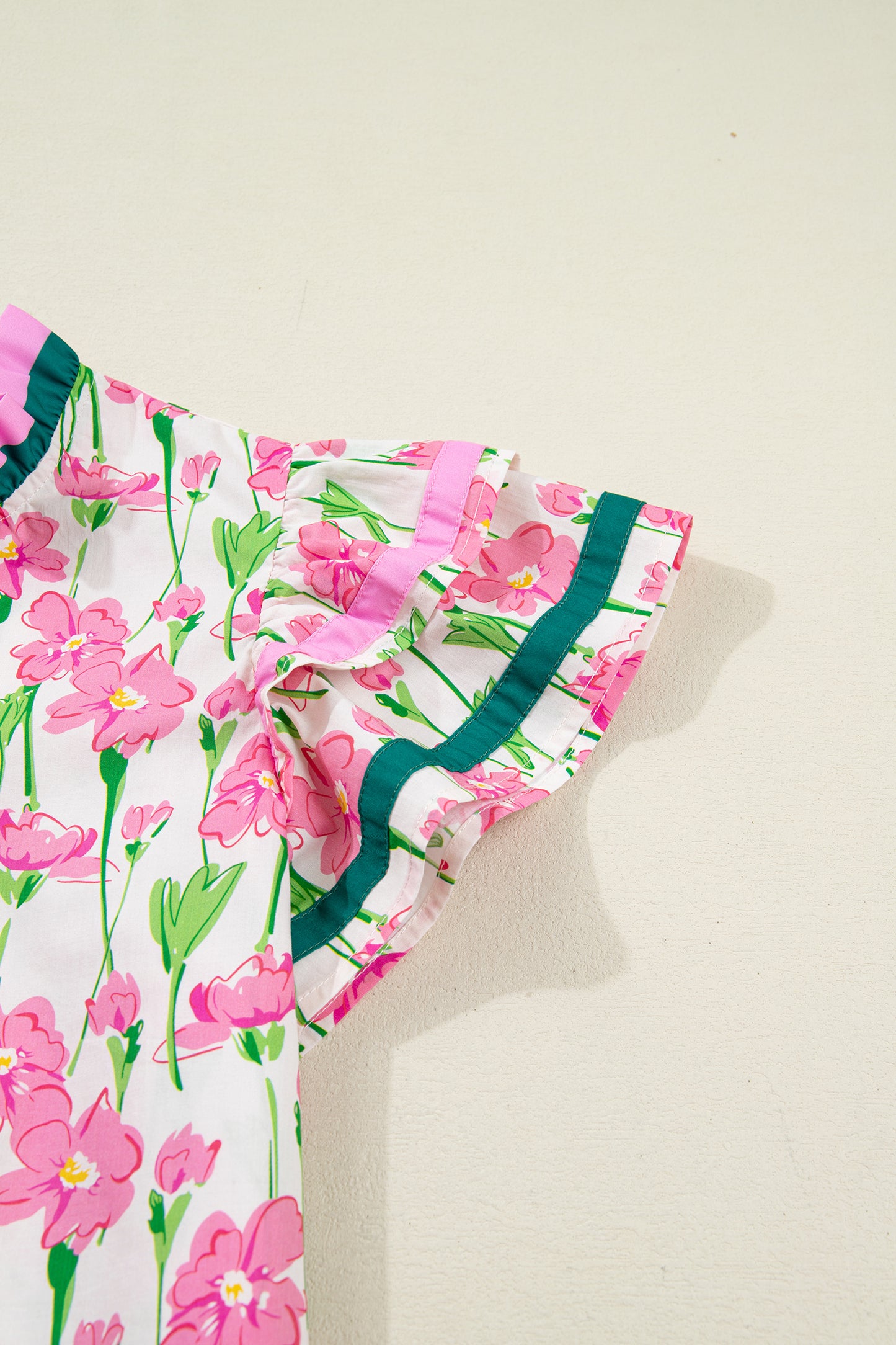 Red Floral Print Contrast Trim V Neck Double Ruffled Short Sleeve Blouse