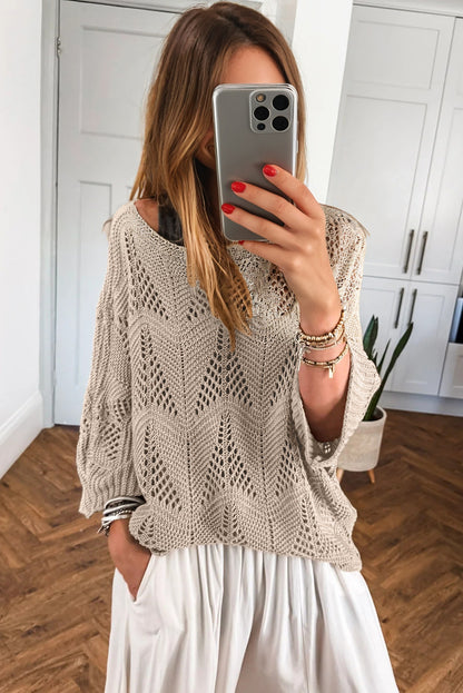 Seagrass Hollow Out Knit 7/8 Sleeve Casual Sweater