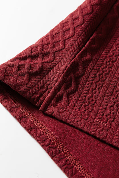 Racing Red Rhombus Textured Striped Patchwork Zip Neck Pullover Sweatshirt