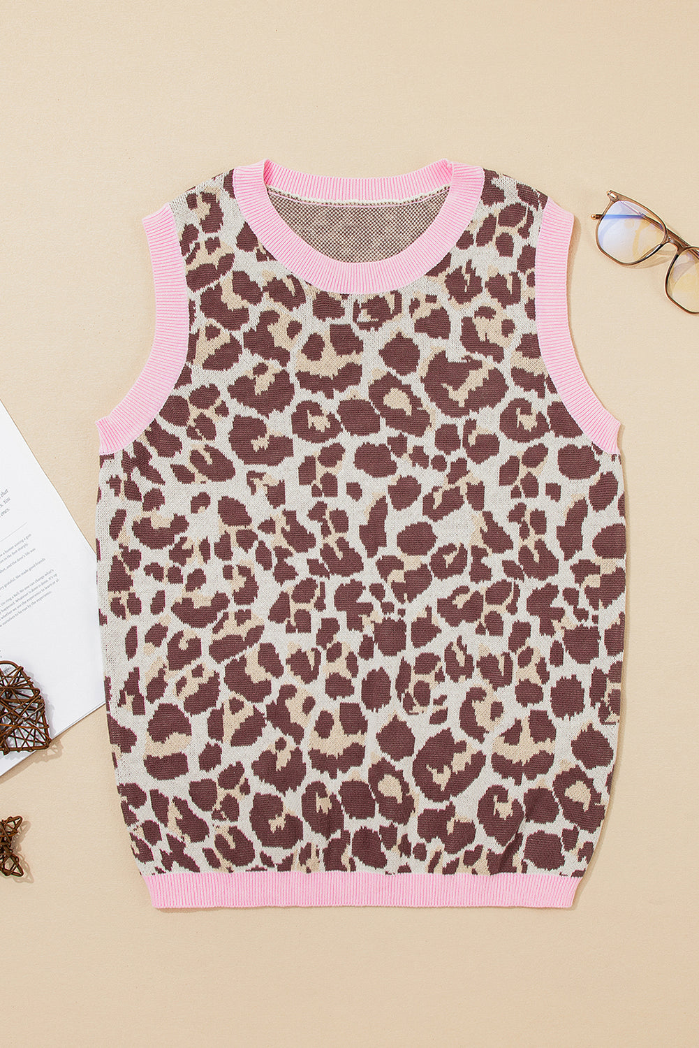 Brown Leopard Pattern Contrast Ribbed Trim Sweater Vest