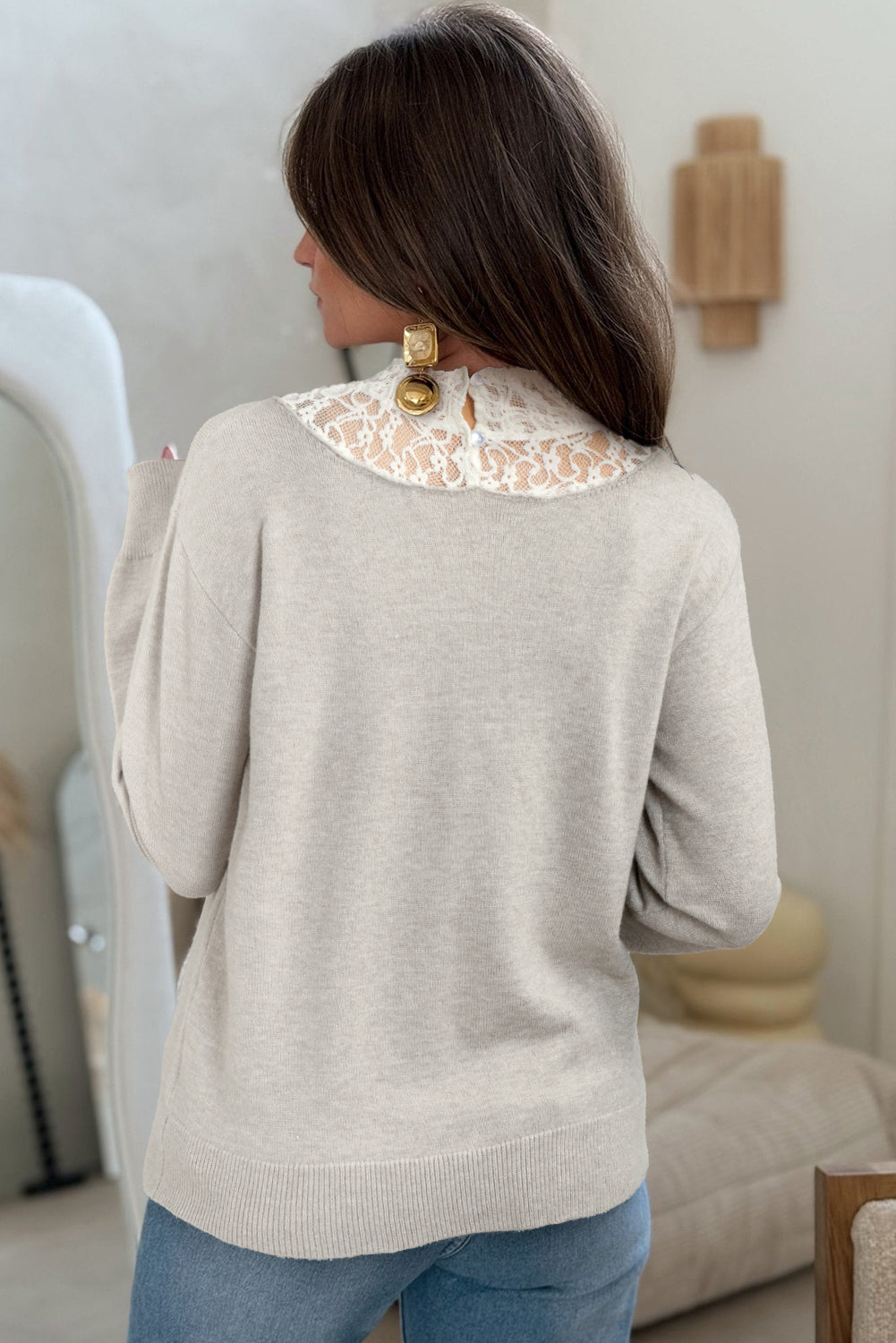 Light Grey Button Keyhole Lace Patchwork Drop Shoulder Sweater