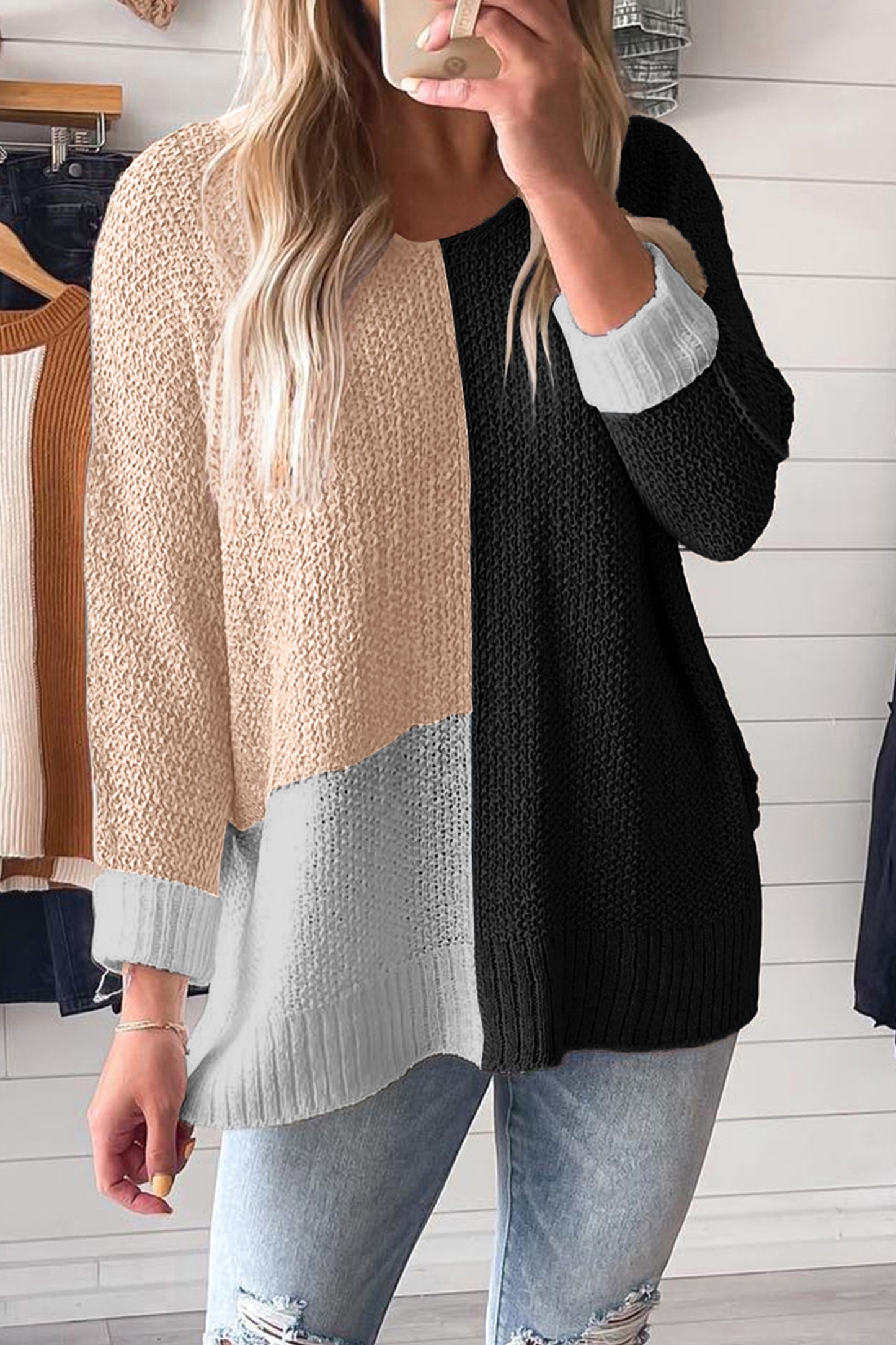 Black Color Block Knit V Neck Loose Sweater